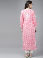 Thumbnail for ADA Women Pink & White Floral Chikankari Cotton Handloom Kurta - Distacart