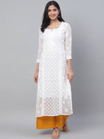 Thumbnail for ADA Women White Chikankari Hand Embroidered Semi-Sheer Straight Kota Handloom Kurta - Distacart