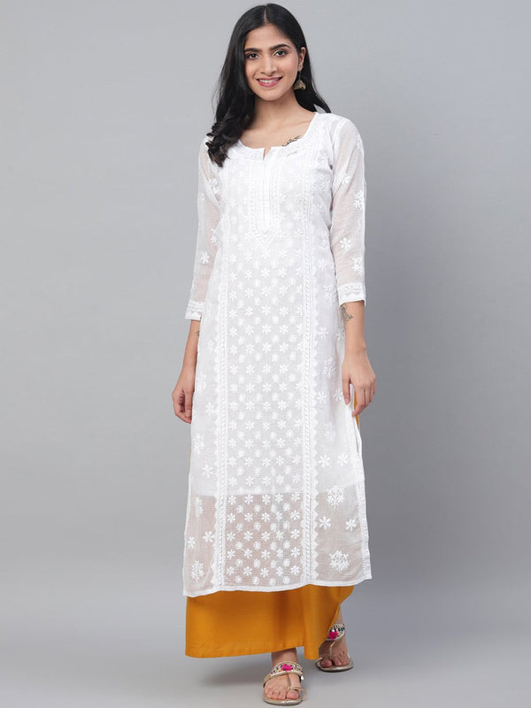 ADA Women White Chikankari Hand Embroidered Semi-Sheer Straight Kota Handloom Kurta - Distacart