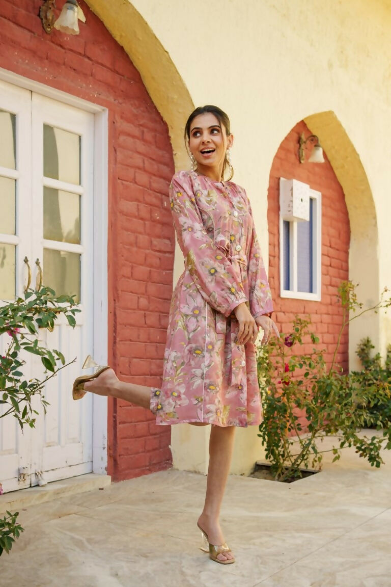Vaasva Women Pink Muslin Floral Printed Knee Length Dress - Distacart