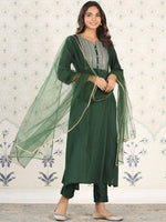 Thumbnail for Ode by House of Pataudi Embroidered Gota Patti Straight Kurta With Trousers & Dupatta - Distacart