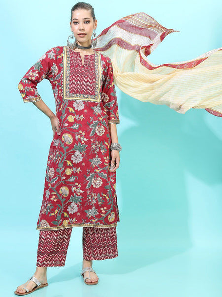 Vishudh Women Yoke Design Pure Cotton Kurta with Trouser & Dupatta - Distacart