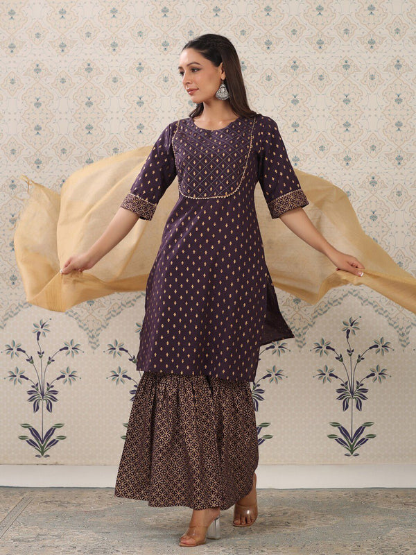Ode by House of Pataudi Purple Floral Printed Pure Cotton Kurta With Sharara & Dupatta - Distacart