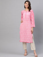 Thumbnail for ADA Women Pink & White Chikankari Embroidered Straight Sustainable Handloom Kurta - Distacart