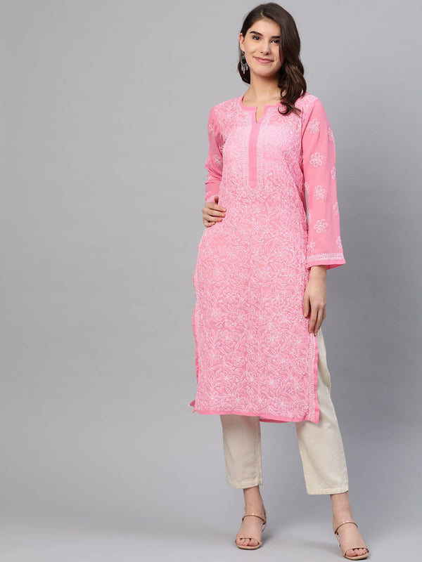 ADA Women Pink & White Chikankari Embroidered Straight Sustainable Handloom Kurta - Distacart