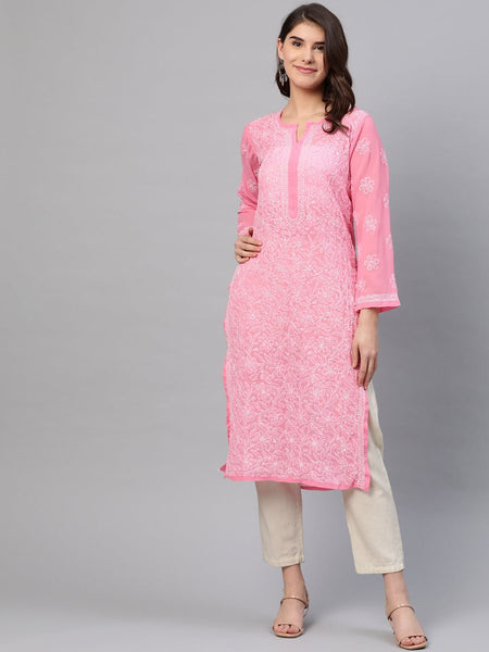 ADA Women Pink & White Chikankari Embroidered Straight Sustainable Handloom Kurta - Distacart