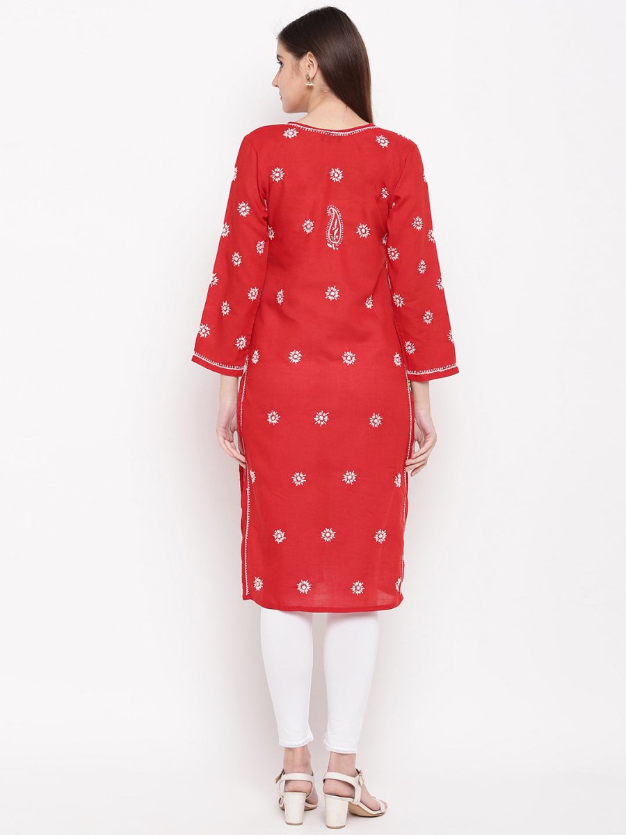 ADA Women Red & White Chikankari Hand Embroidered Straight Sustainable Kurta - Distacart