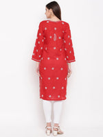 Thumbnail for ADA Women Red & White Chikankari Hand Embroidered Straight Sustainable Kurta - Distacart