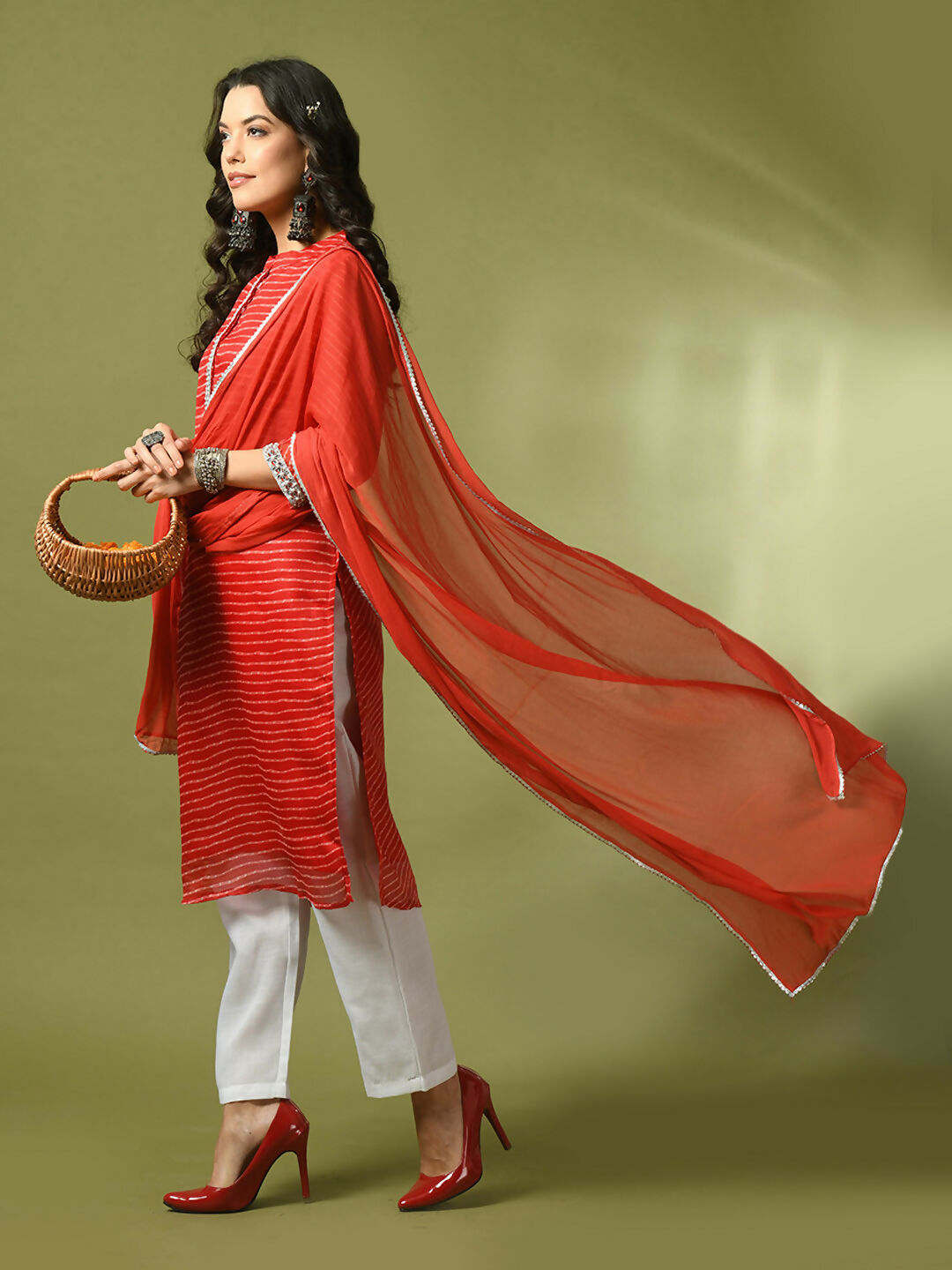 Myshka Women's Red Printed Kota Straight Party Kurta Set With Dupatta - Distacart