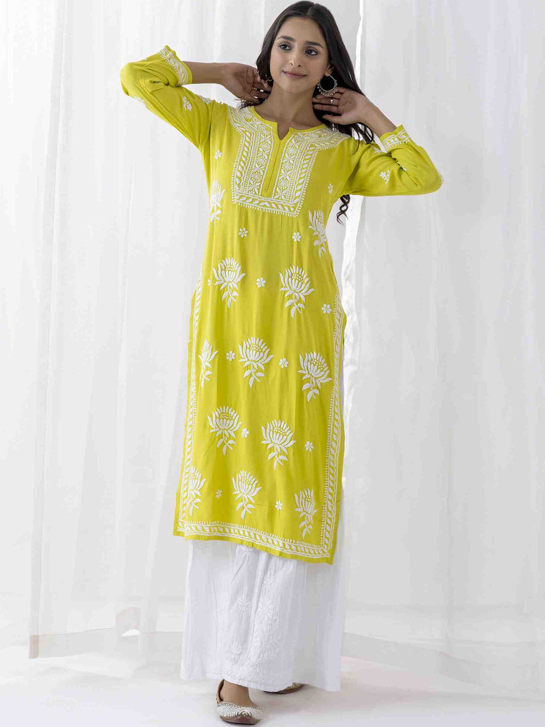 HOUSE OF KARI Floral Chikankari Embroidered Cotton Straight Kurta - Distacart