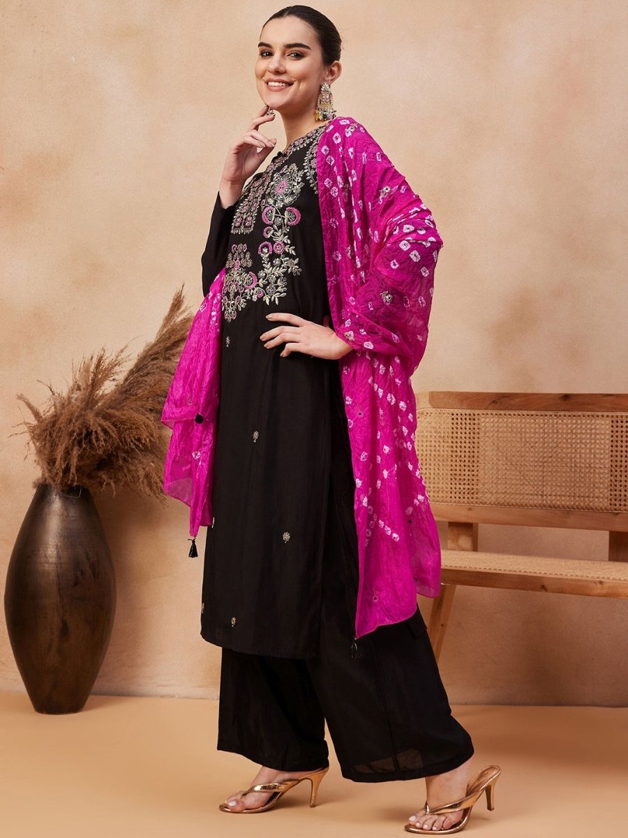 Anouk Floral Embroidered Regular Thread Work Pure Silk Kurta with Palazzos & Dupatta