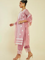 Thumbnail for Soch Ethnic Motifs Embroidered Panelled Chanderi Silk Kurta with Palazzos & Dupatta - Distacart