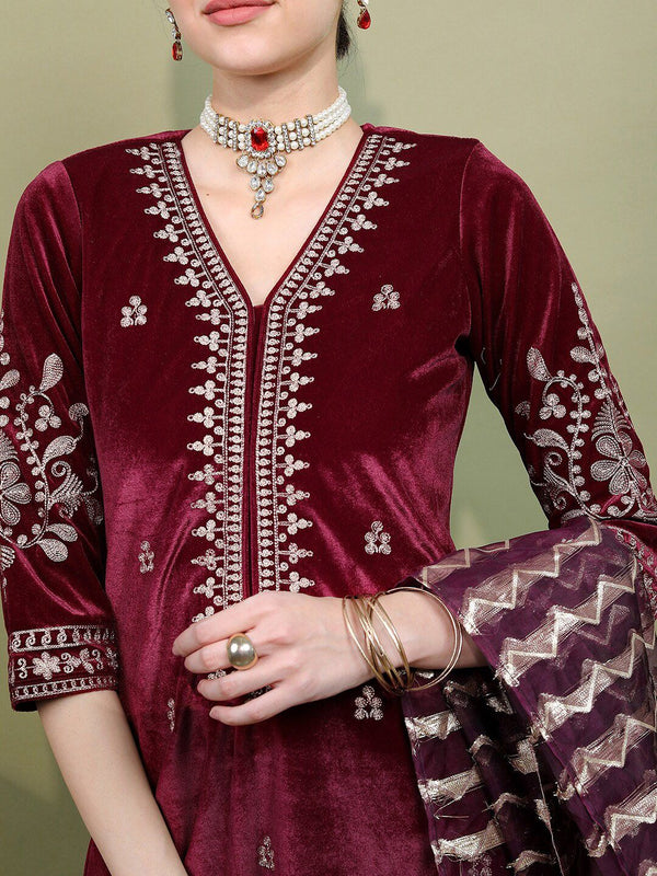 Vishudh Women Embroidered Knitted Velvet Kurta with Trousers & With Dupatta - Distacart