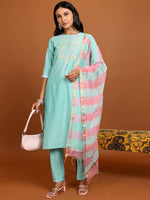 Thumbnail for Vishudh Floral Embroidered Thread Work Kurta With Trousers & Dupatta - Distacart