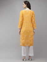 Thumbnail for ADA Women Mustard Yellow Embroidered Regular Chikankari Handloom Kurta with Palazzos - Distacart