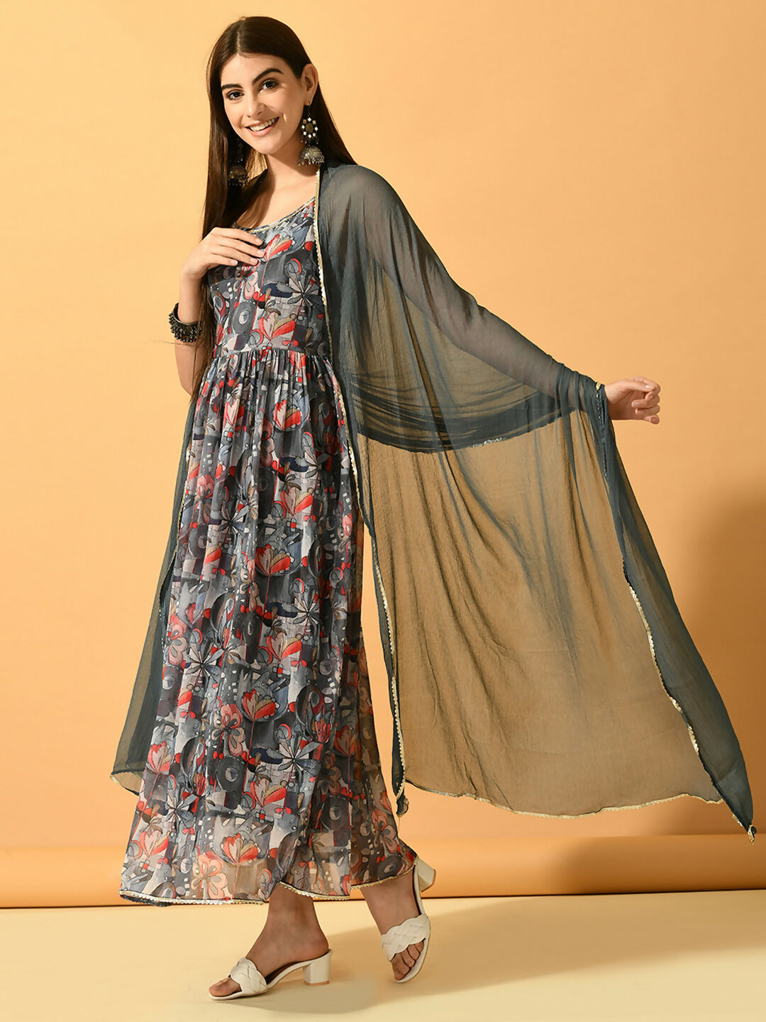 Myshka Women's Grey Festive Flared Anarkali Kurta With Dupatta sets - Distacart