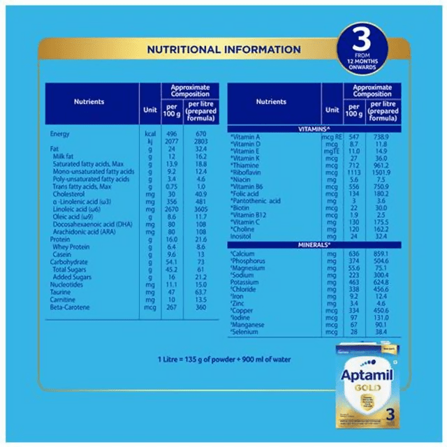 Aptamil Gold Follow-Up Formula Stage 3 Powder (From 12 Months Onwards) - Distacart