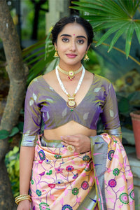Thumbnail for Aastha Fashion Peach Woven Kanjivaram Silk Saree with Blouse - Distacart