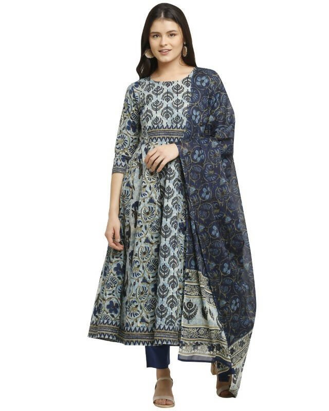 Aastha Fashion Women's Navy Blue Cotton Printed Kurta with Trouser & Dupatta - Distacart