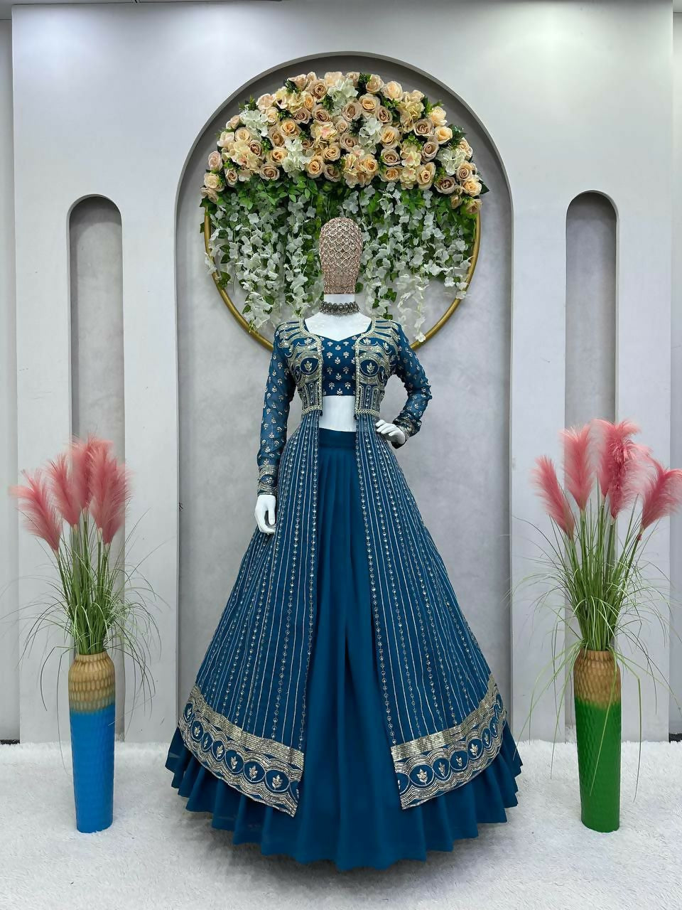Jyoti Fashion Women's Teal Faux Georgette Sequins with Thread Embroidered Designer Lehenga Choli with Shrug Set