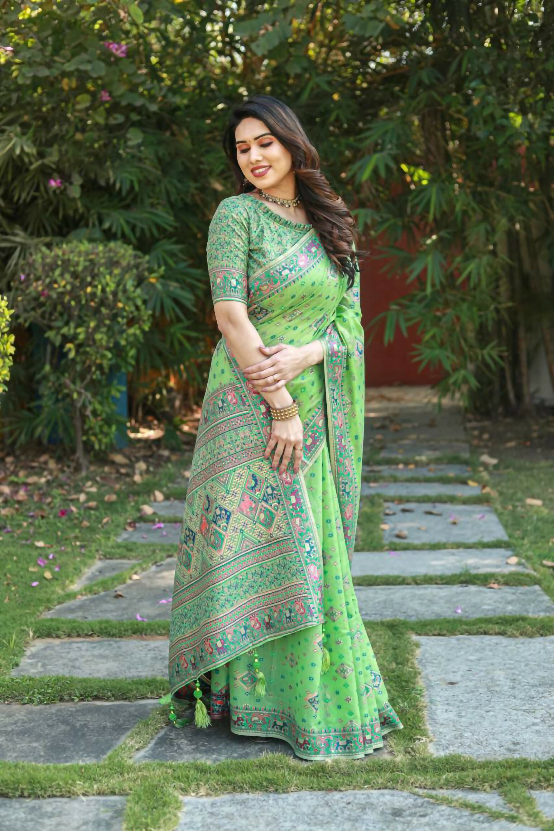 Vastranavya Luxury and Beautiful Soft, Smooth, Flowing Original Pashmina Soft Cotton Saree with Matching Blouse Fabric - Pista - Distacart