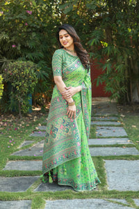 Thumbnail for Vastranavya Luxury and Beautiful Soft, Smooth, Flowing Original Pashmina Soft Cotton Saree with Matching Blouse Fabric - Pista