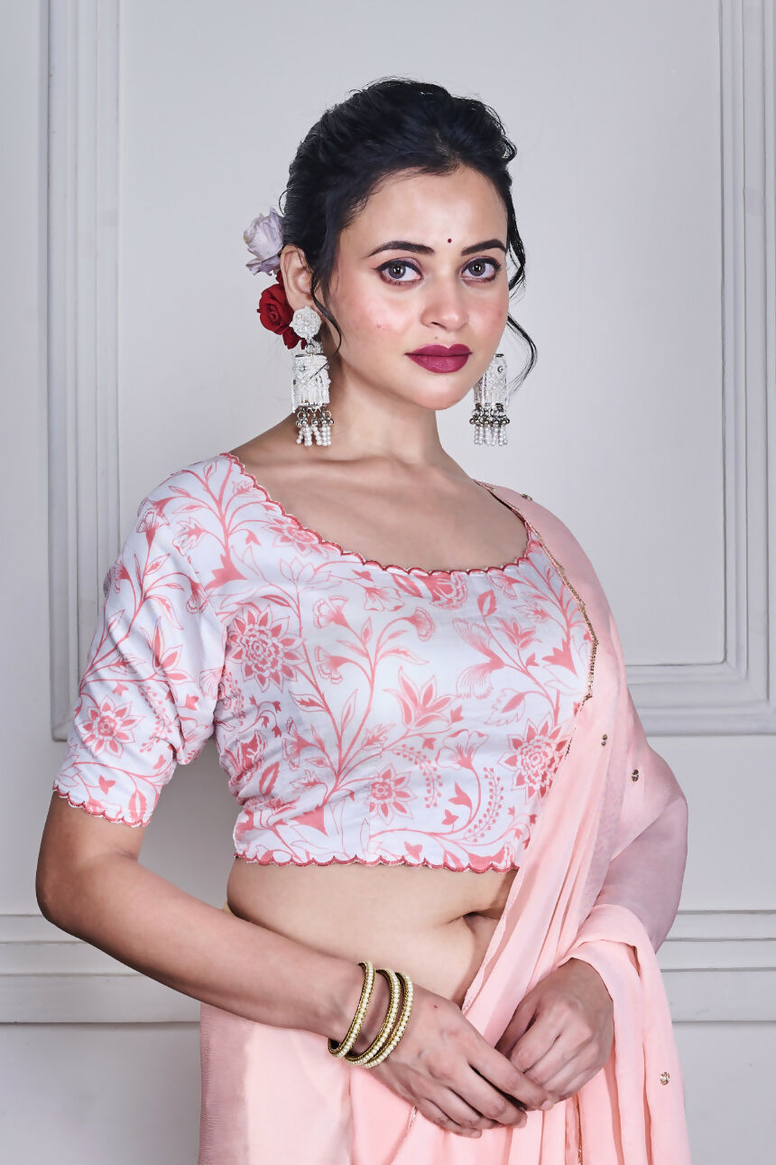 Morchari Peach Chiffon Hand Embroidery Saree And Stitched Blouse
