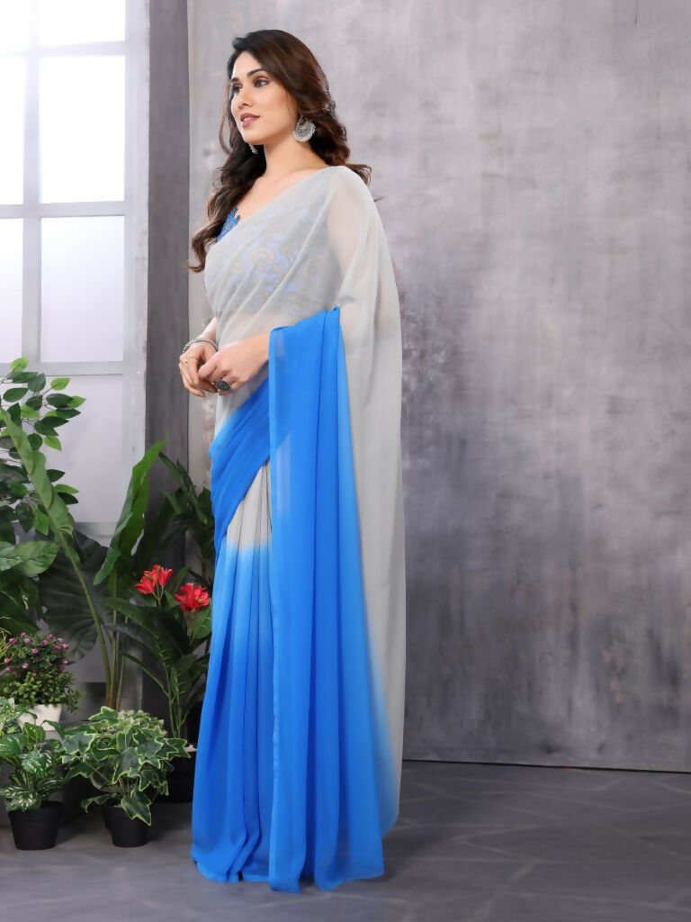 Partywear Designer White & Sky blue Georgette Fancy Saree - Satrangi - Distacart