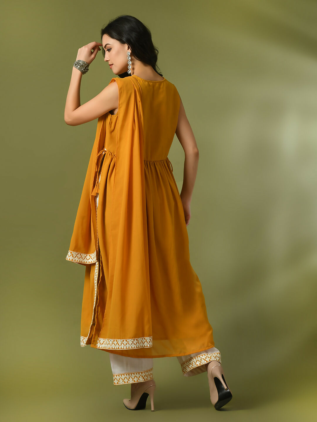 Myshka Women's Yellow Solid Georgette Anarkali Party Kurta Set With Dupatta - Distacart