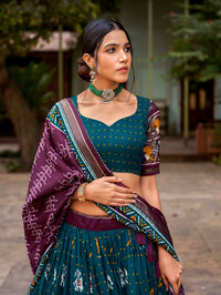 Thumbnail for Vastranavya Patola Printed and Foil Work Tussar Silk Lehenga with Unstitched Blouse - Teal