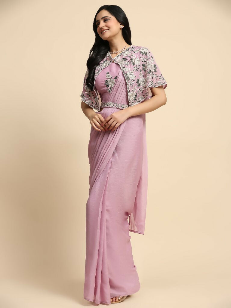 Pink Chiffon Solid Ready to wear Saree with stitched Blouse - Aayan - Distacart
