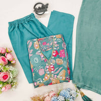 Thumbnail for Preksha Creation Designer Fine Cotton Suit Set Full Flared Mugal Print Straight Suit With Dupatta And Pant - Sky Blue