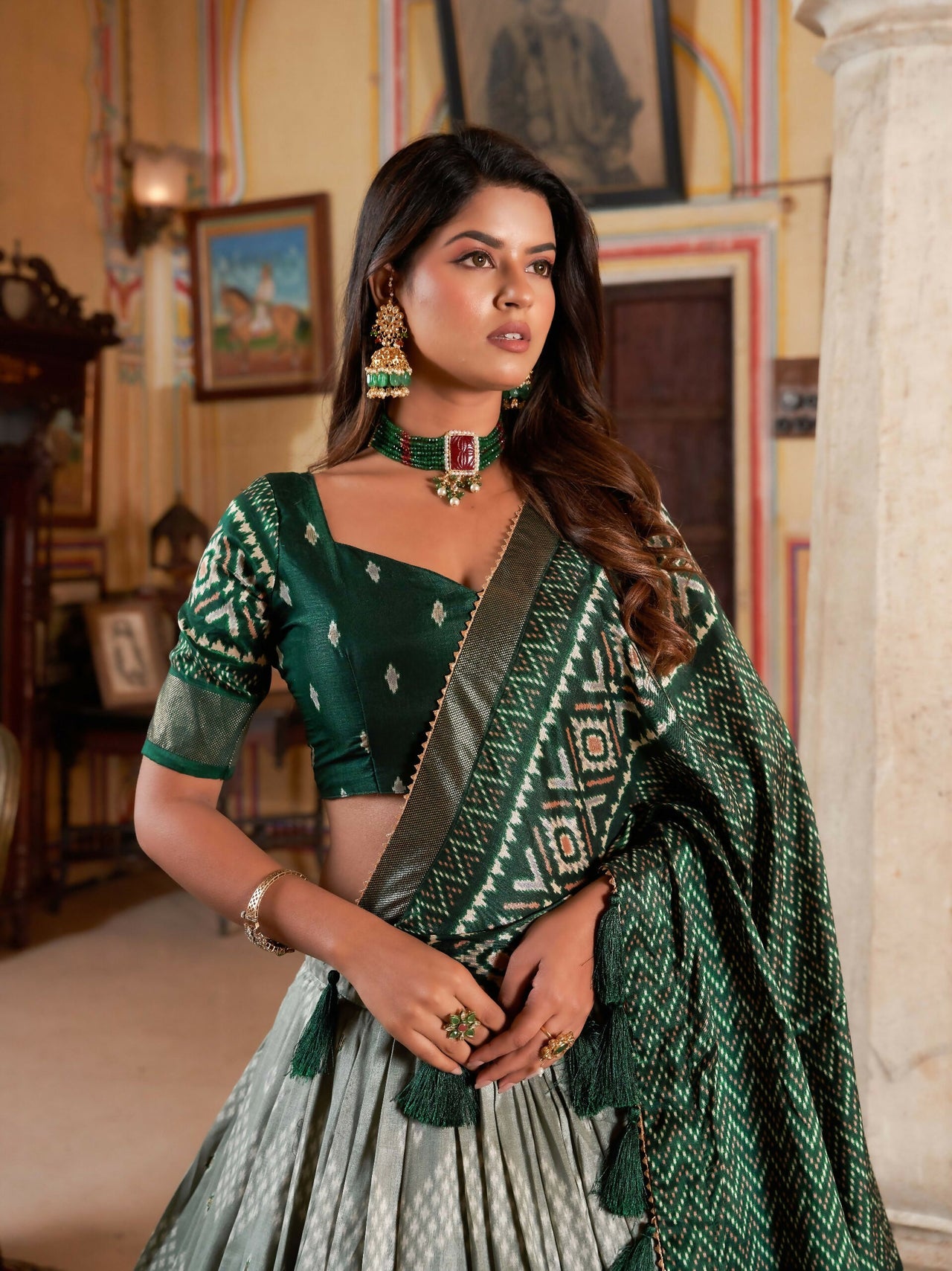 Vastranavya Occasionaly Tussar Silk Dot And Ikkat Print With Foil Work Lehenga Choli - Green