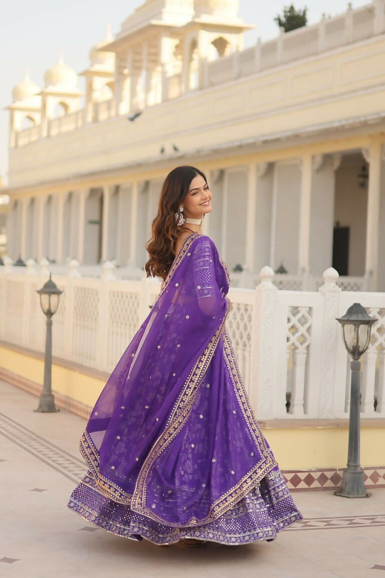 Vastranavya Designer Dyeable Pure Viscose Jacquard Fabric Lehenga Choli & Dupatta Set - Purple - Distacart