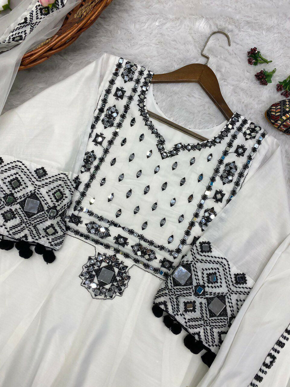 Preksha Creation Trending Designer Rajwadi Silk Top Embroidery Real Mirror Work With Dupatta And Dhoti - White