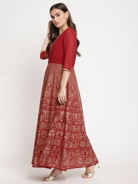 Thumbnail for Ahalyaa Women's Maroon Georgette Gold Foil Print Flared Kurta With Dupatta