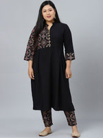 Thumbnail for Sztori Plus Size Black Floral Printed Mandarin Collar Straight Kurta with Trousers - Distacart