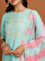 Thumbnail for Vishudh Floral Embroidered Thread Work Kurta With Trousers & Dupatta - Distacart