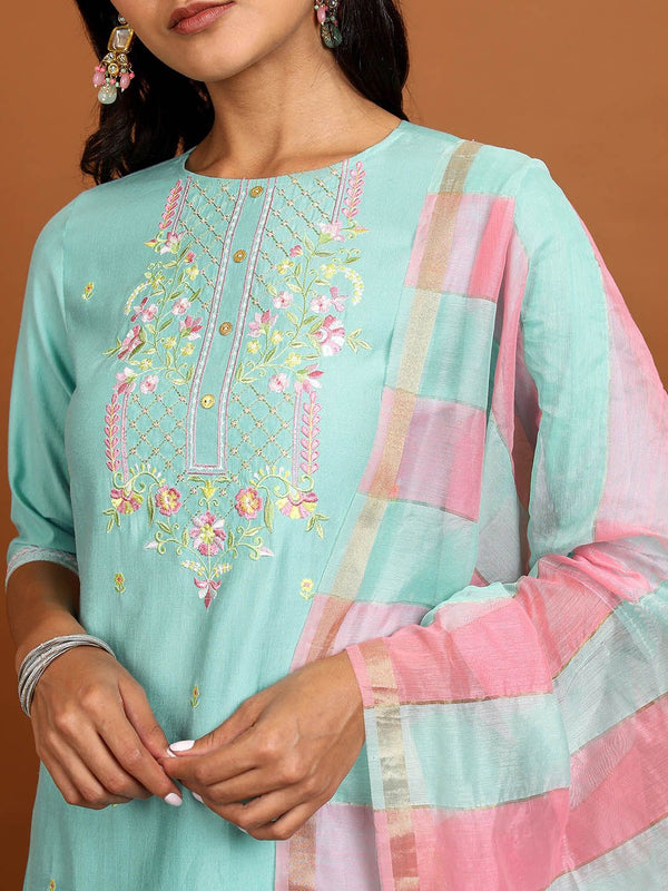 Vishudh Floral Embroidered Thread Work Kurta With Trousers & Dupatta - Distacart