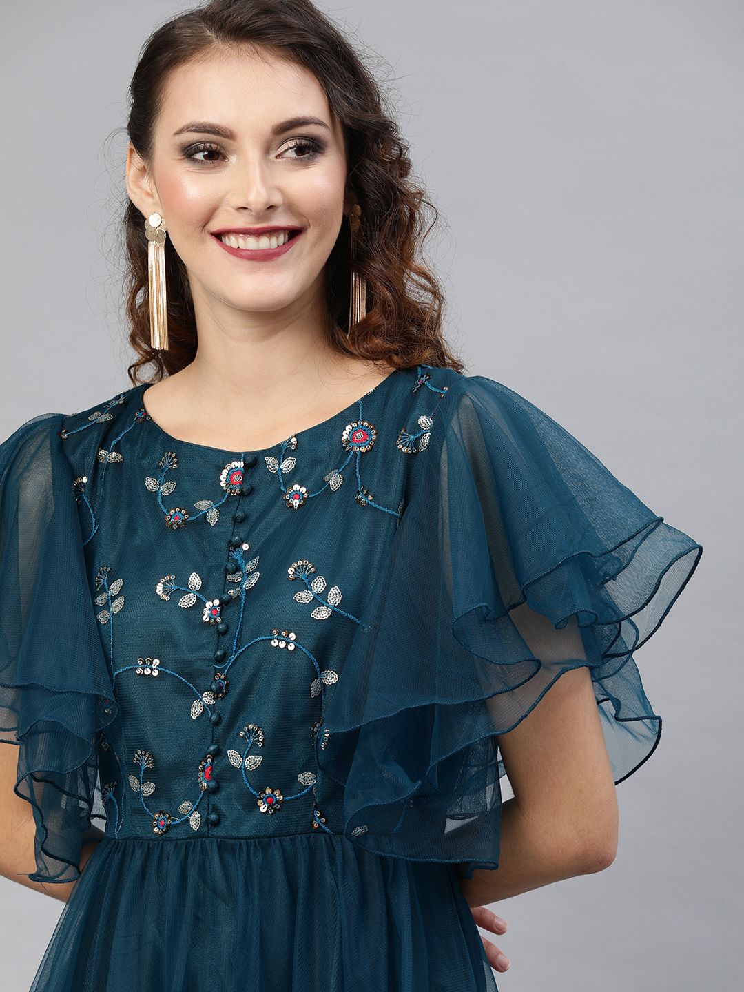 Inddus Teal Blue Embellished Maxi Dress With Flutter Sleeves