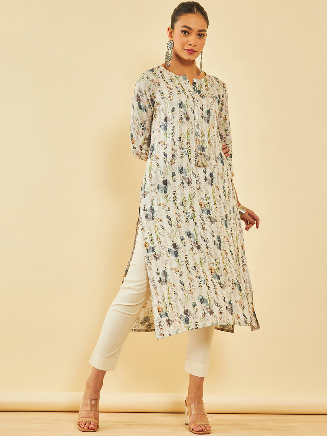 Soch Floral Printed Thread Work Straight Kurta - Distacart