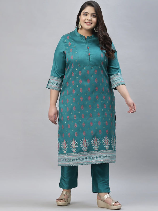 Sztori Plus Size Floral Foil Printed Mandarin Collar Straight Kurta with Trousers - Distacart