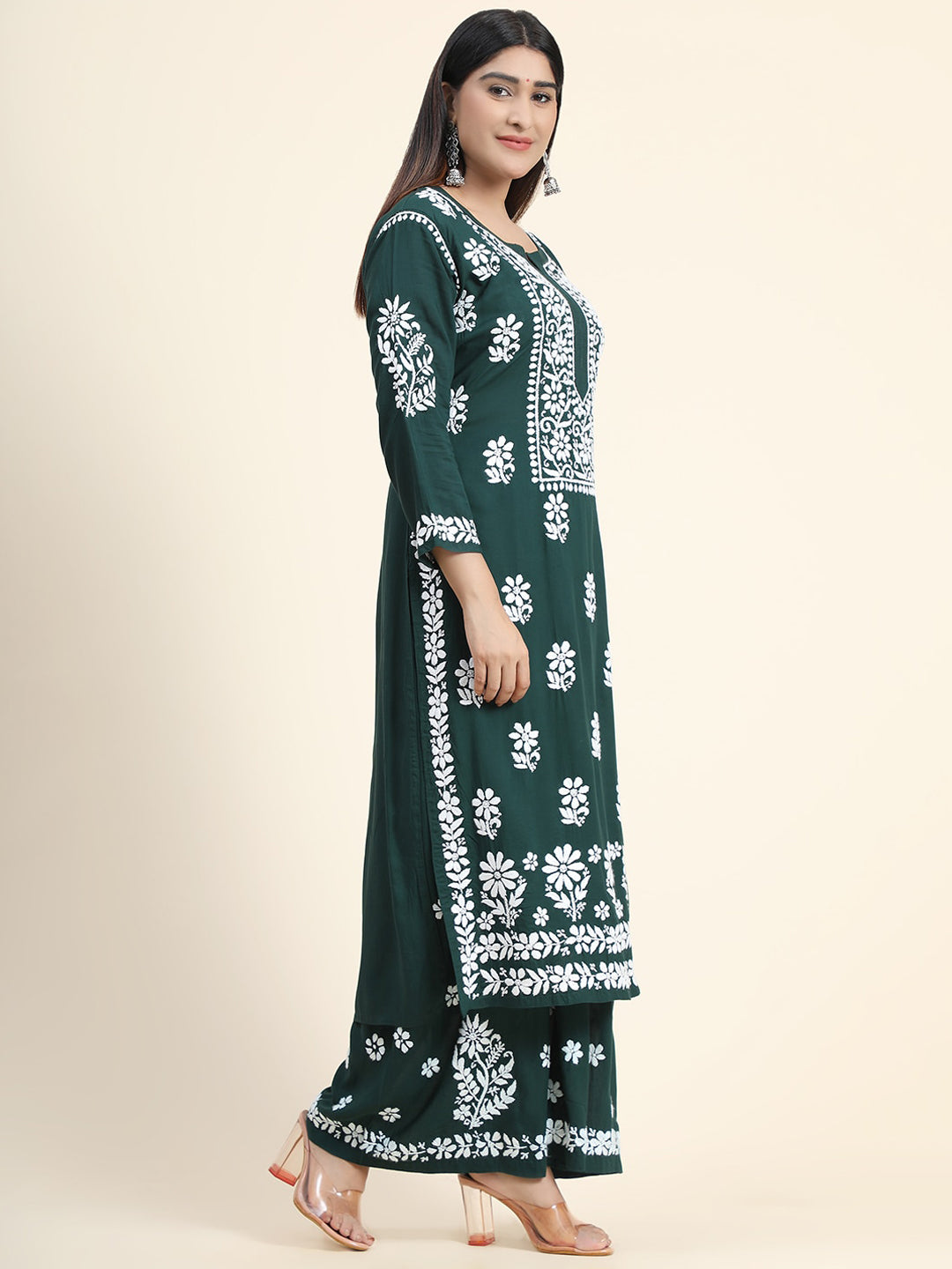 HOUSE OF KARI Women Green Floral Embroidered Chikankari Kurta with Palazzos - Distacart