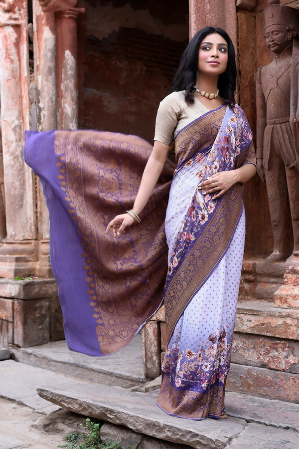 Joban Fashion Shade Of Orchid Crepe Chiffon Pure Handloom Banarasi Silk Saree