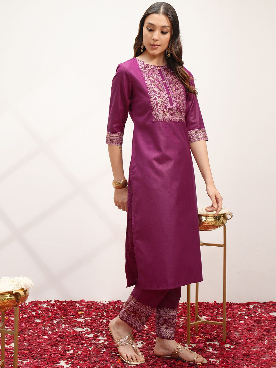 Vishudh Ethnic Motifs Yoke Design Regular Kurta with Trousers & With Dupatta - Distacart