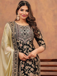 Thumbnail for Floral Printed Gotta Patti Straight Kurta with Sharara & Dupatta (Black) - Rasiya