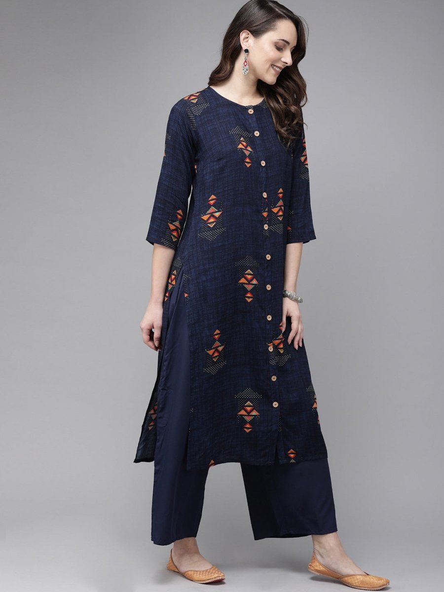 Anouk Women Navy Blue Printed Kurta with Palazzos - Distacart