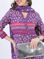 Thumbnail for Vishudh Women Purple Printed Empire Pure Cotton Anarkali Kurta With Trousers And Dupatta - Distacart