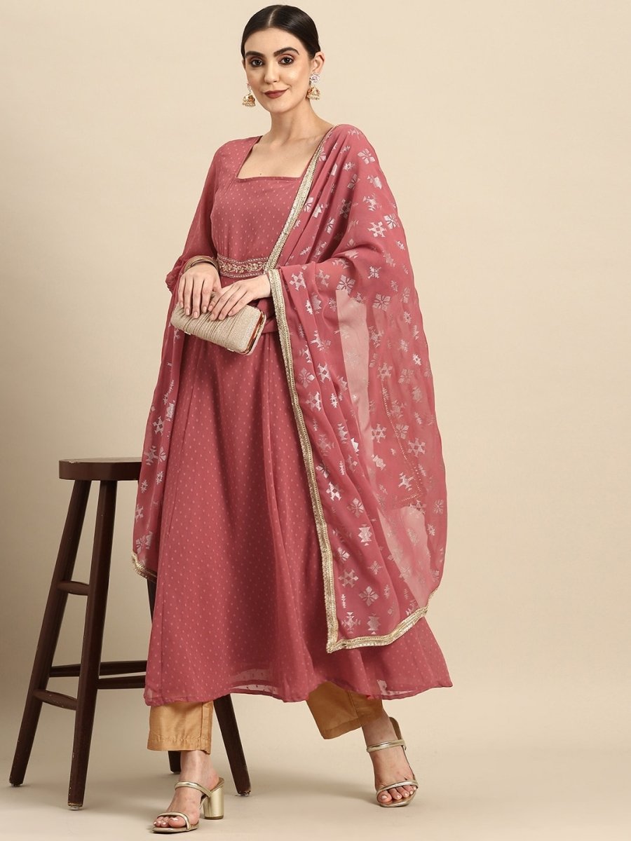 All About You Square Neck Dobby Weave A-Line Kurta With Dupatta - Distacart