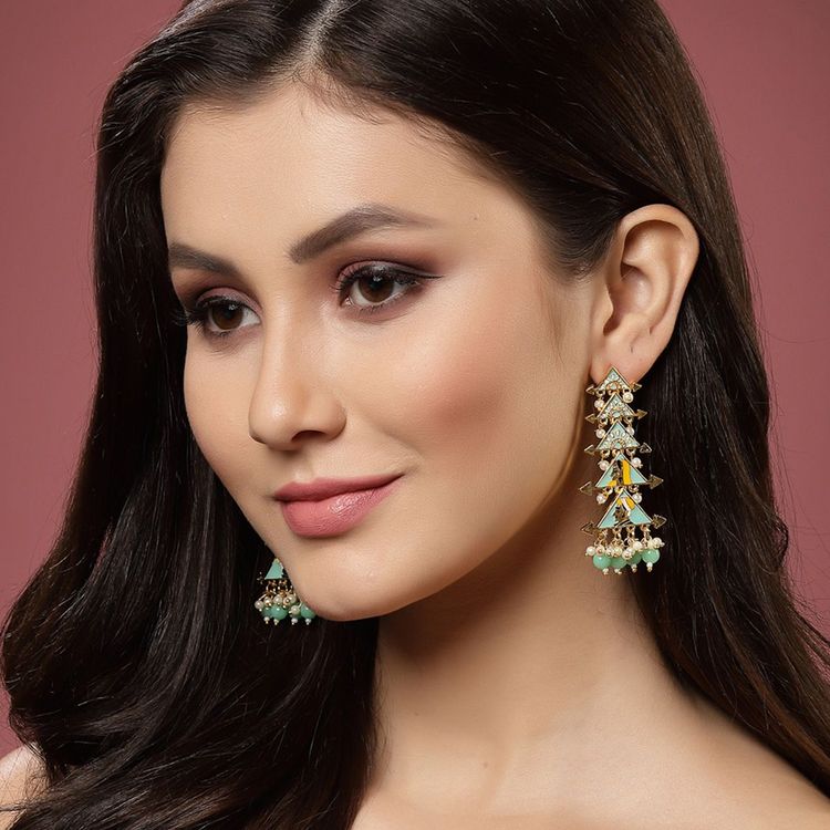 New Partywear Light Green Raja Rani Meenakari Drop Earrings for Womens by House of Ree